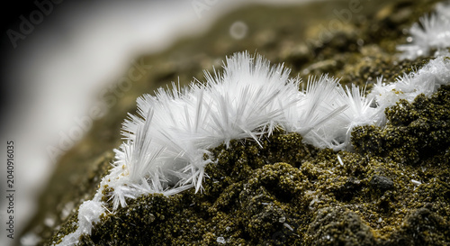 Macro photograph of raw white chrysotile asbestos mineral fibers on natural stone illustrating the dangerous crystalline structure for remediation and health awareness