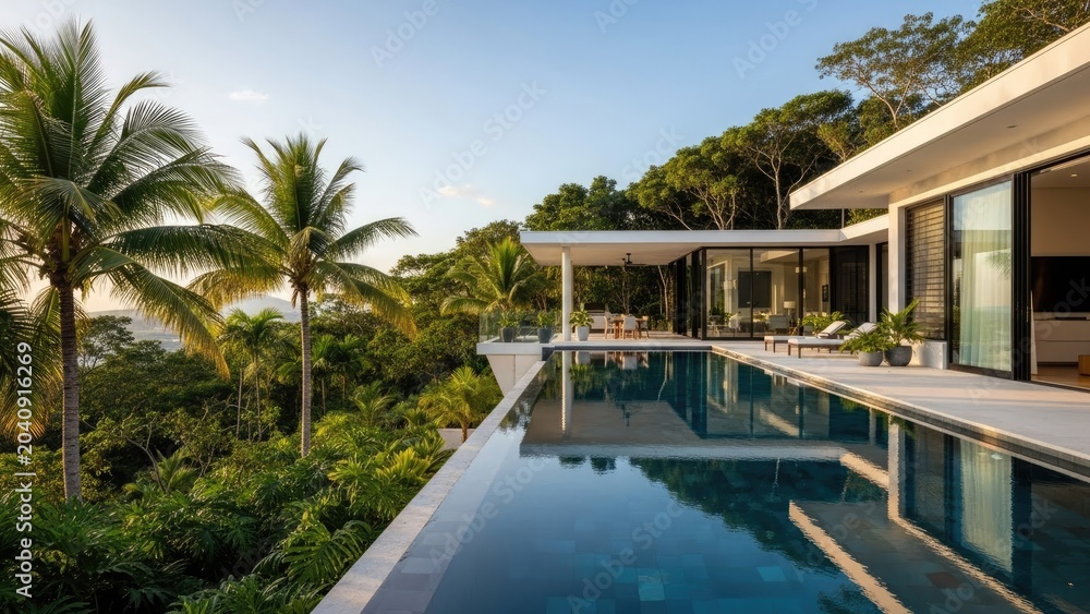 Fototapeta premium Modern infinity pool with view of lush tropical jungle.