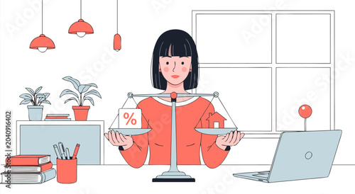 Fotografía Financial Balance Vector Illustration of a Woman Weighing Percentage Symbol Agai