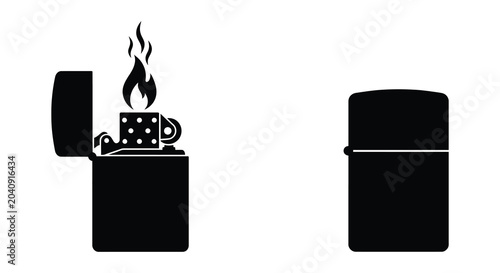 Φωτογραφία lighter silhouette with flame and closed lighter silhouette open black white bac
