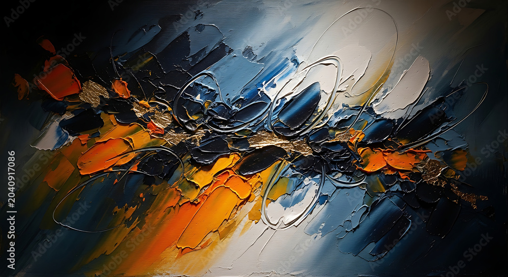 Fototapeta premium Modern Abstract Oil Painting Background with Thick Impasto Texture featuring Vibrant Blue and Orange Brushstrokes Metallic Gold Leaf Accents and Artistic Expression