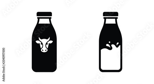 Bild auf Leinwand milk bottles with cow and splash silhouette bottle fresh dairy beverage icon bla