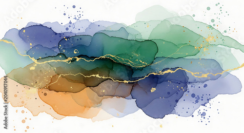 Abstract Watercolor Alcohol Ink Background with Elegant Gold Veins and Fluid Marble Texture in Vibrant Blue Green and Orange for Modern Artistic Banner Design