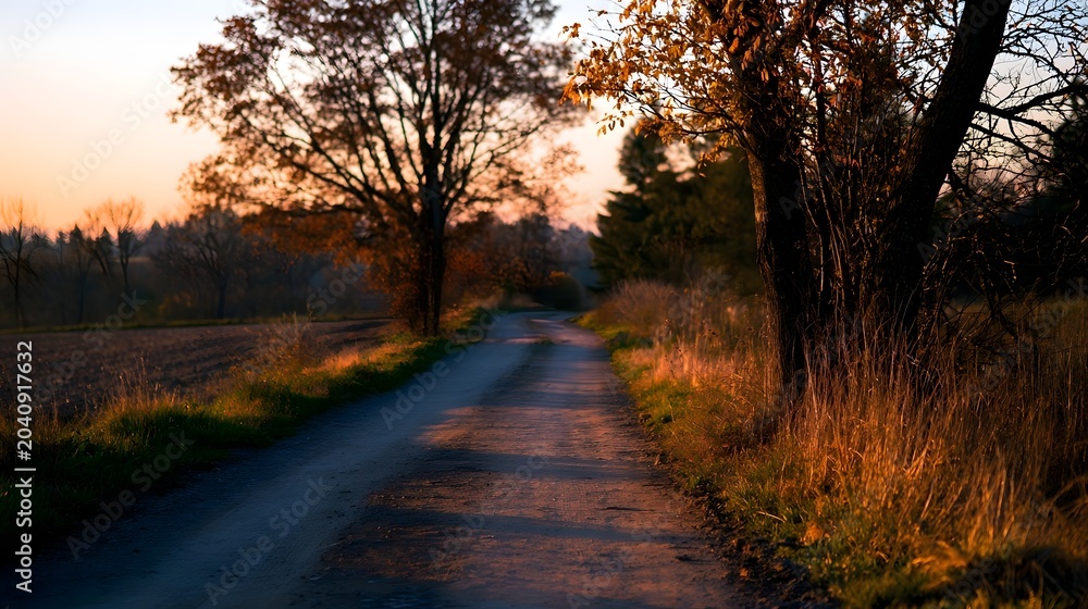 Fototapeta premium A scenic dirt road stretches into the distance illuminated by warm golden hour light through the autumn foliage