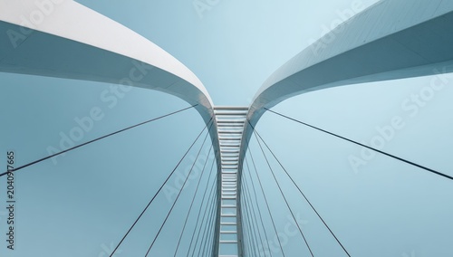 Modern architectural bridge curves skyward, suspended by sleek cables