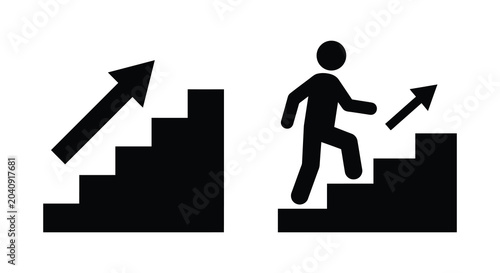 Billede på lærred stairs with arrow and person climbing silhouette black white background icon sym