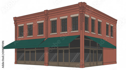 Traditional brick corner building with green awnings and large glass windows