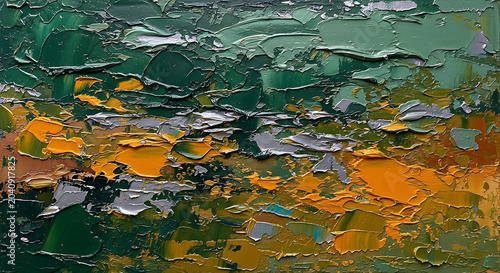 Vibrant Abstract Oil Painting Texture Featuring Heavy Impasto Brushstrokes in Forest Green and Yellow Artistic HandPainted Canvas Background for Modern Creative Design