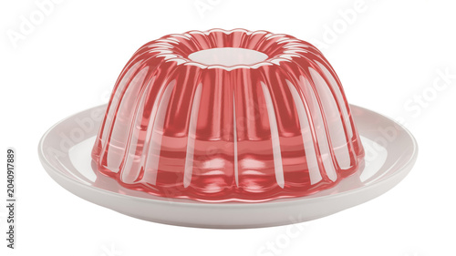 Translucent red jelly mold on a white plate against a plain background