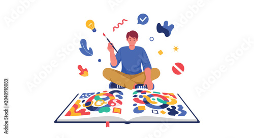 Foto A man sits cross-legged behind a large open book filled with colorful abstract art while holding a paintbrush surrounded by creative symbols
