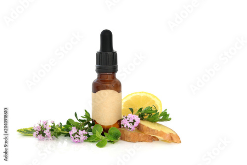 Φωτογραφία Natural herbal medicine for Summer hayfever sneezing, itching allergies with tincture bottle, ginger spice, thyme, sage, marjoram herbs