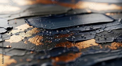 Abstract Colorful Oil Painting Background with Thick Textured Impasto Strokes in Navy Blue and Metallic Gold Creative Art Design featuring Glistening Water Droplets