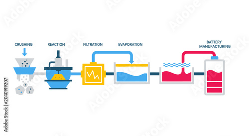 Bild auf Leinwand Battery Manufacturing Process Flowchart: Crushing, Reaction, Filtration, Evapora