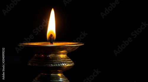 diya. A traditional brass diya lamp glowing warmly against a dark background, evoking festive and cultural ambiance. event programs.