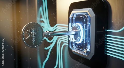 Innovative Medical Concept of a Caduceus Key Unlocking Digital Healthcare Solutions and Secure Patient Data Systems with Glowing Blue Circuitry