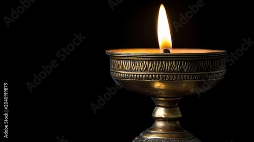 diya. A traditional brass diya lamp glowing warmly against a dark background, evoking festive and cultural ambiance. event programs.
