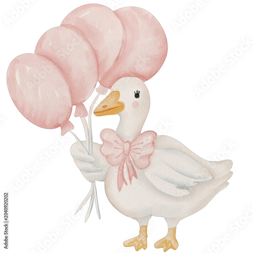 Watercolor painting Goose With Pink Balloons Clipart illustration