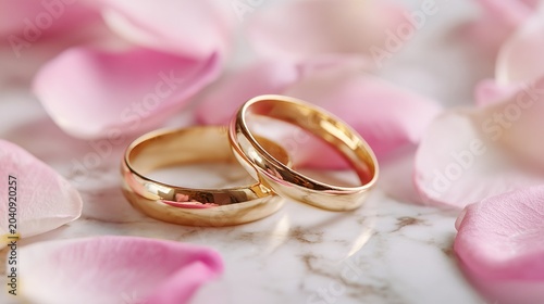 vow. Wedding rings surrounded by pink rose petals on a white marble surface, romantic setting. event programs, museum guides, designed for cultural heritage projects and event programs.