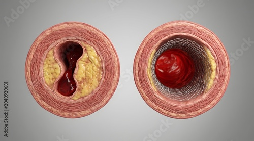 Blocked Coronary Artery Compared with Stent Treated Artery Medical Illustration