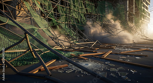 Dramatic Scene of a Collapsed Scaffolding Roof Structure at a Construction Site After a Major Scaffolding Accident Featuring Debris Broken Glass and Dust Clouds