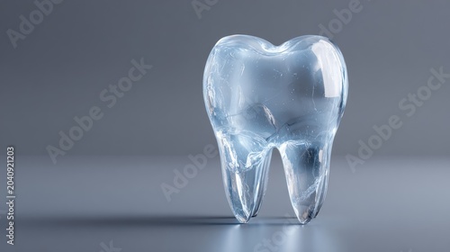 A clear, crystalline tooth sculpture, glowing with internal light, on a smooth surface