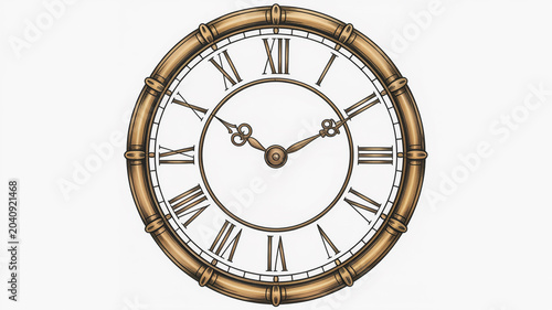 Vintage brass clock face with Roman numerals and ornate hands showing the time