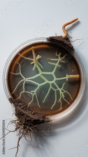 Macro view of a glass petri dish with a glowing root network in brown agar and soil spilling from a broken edge on a white surface