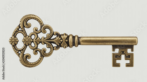 Vintage ornate brass key with floral embellishments and a classic bit on a neutral background