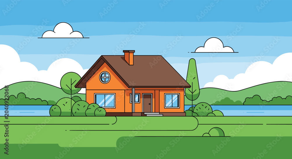 Naklejka premium Beautiful simple house illustration in a rural landscape with green hills a river and white clouds under a clear blue sky.