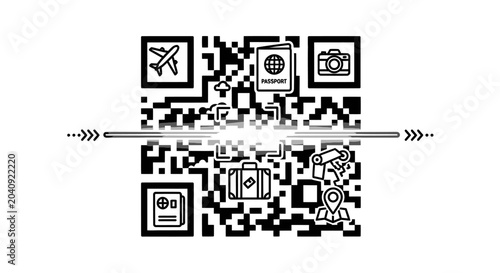 Travel concept QR code with airplane passport and camera icons