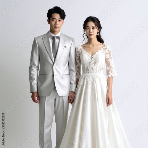 Couple in formal attire posing together indoors.