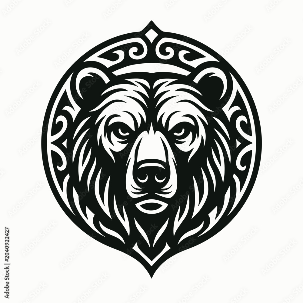 Fototapeta premium Grizzly Bear Head Flat Vector Illustration Tribal Circular Shield Emblem Wild Animal Mascot Celtic Nordic Pattern Woodcut Silhouette Sports Team Logo Tattoo Badge Print Graphic Design Art 