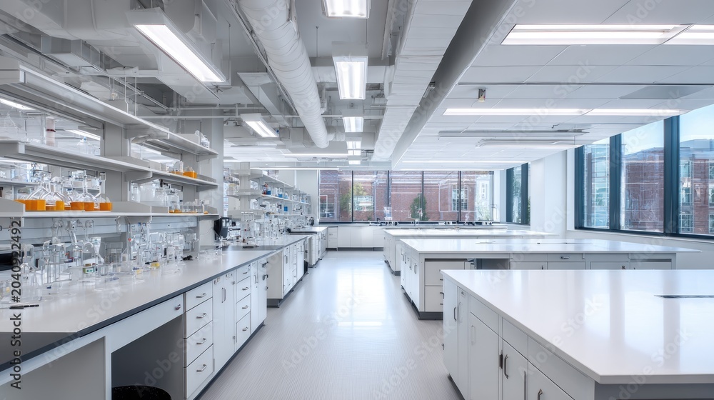 Fototapeta premium Modern, bright laboratory with extensive workstations, equipment, and large windows