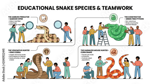 Educational Snake Species and Teamwork Illustration.