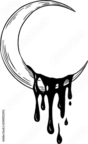 Surreal melting crescent moon dripping black liquid vector illustration
