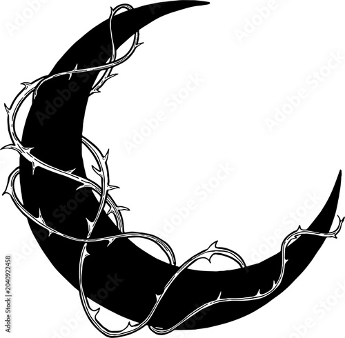 Bild auf Leinwand Gothic crescent moon wrapped in thorny vines vector illustration