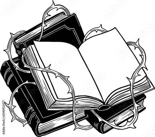 Antique stack of books wrapped in thorny branches vector illustration
