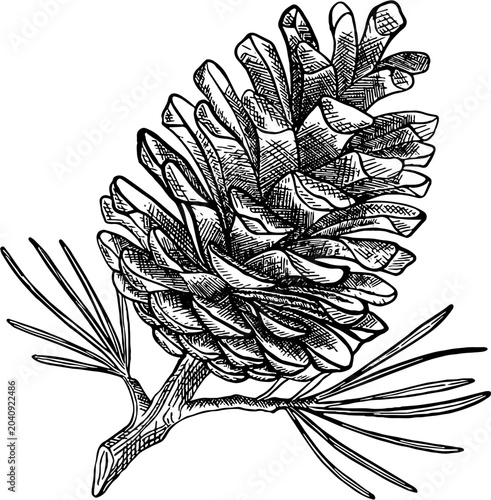 Hand drawn pine cone branch botanical vector illustration