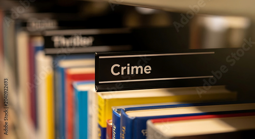 Closeup of a Library Bookshelf with a Focus on the Crime Genre Label and Thriller Section for Fiction Literature and Mystery Book Lovers