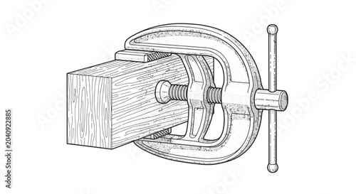 Vintage style illustration of metal C clamp holding wooden beam