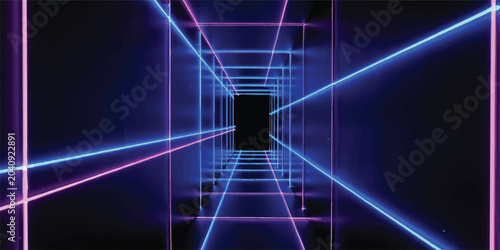 A man and woman experience the energy of a night club through a glowing digital illustration featuring bright blue laser lines, neon light effects, and a modern space pattern backdrop