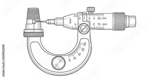 Vintage style technical drawing of an industrial micrometer tool