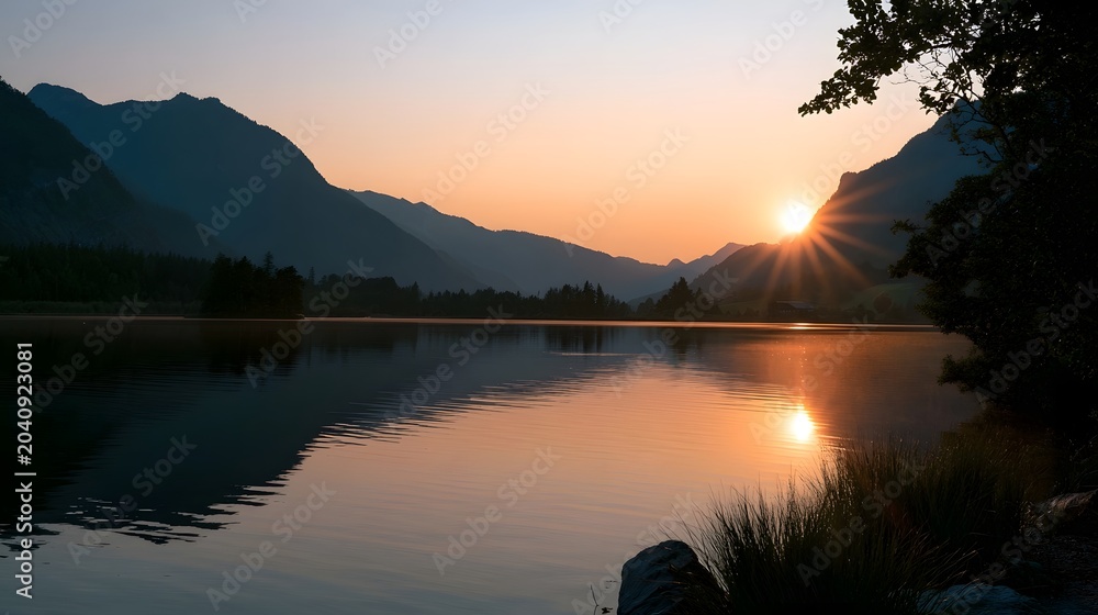 Obraz premium Warm sunset light reflects beautifully off the calm water creating a stunning mountain landscape scene