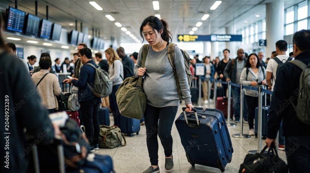Fototapeta premium Weary pregnant East Asian woman carrying heavy bags and pulling a blue suitcase through a crowded airport terminal, capturing the stress of travel with cool, realistic ambient lighting.