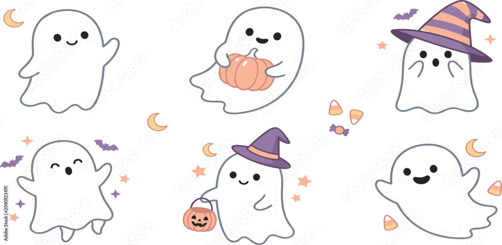 Fototapeta premium Cute Halloween Ghost Character Collection with Pumpkins Witch Hats Candy Corn and Kawaii Spooky Cartoon Vector Illustration Set