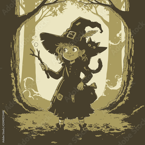 Young witch with black cat in a whimsical forest cartoon illustration