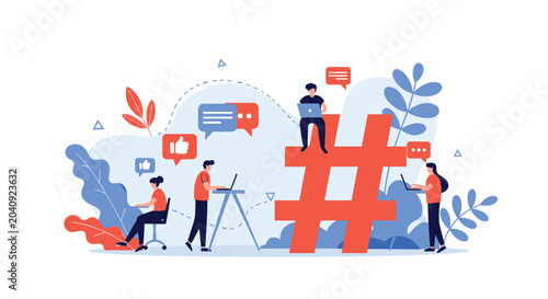 Creative team of social media marketing professionals working around a giant red hashtag symbol to improve online brand engagement.