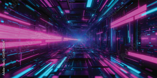 Abstract glowing light trails on road and modern building with colorful energy background