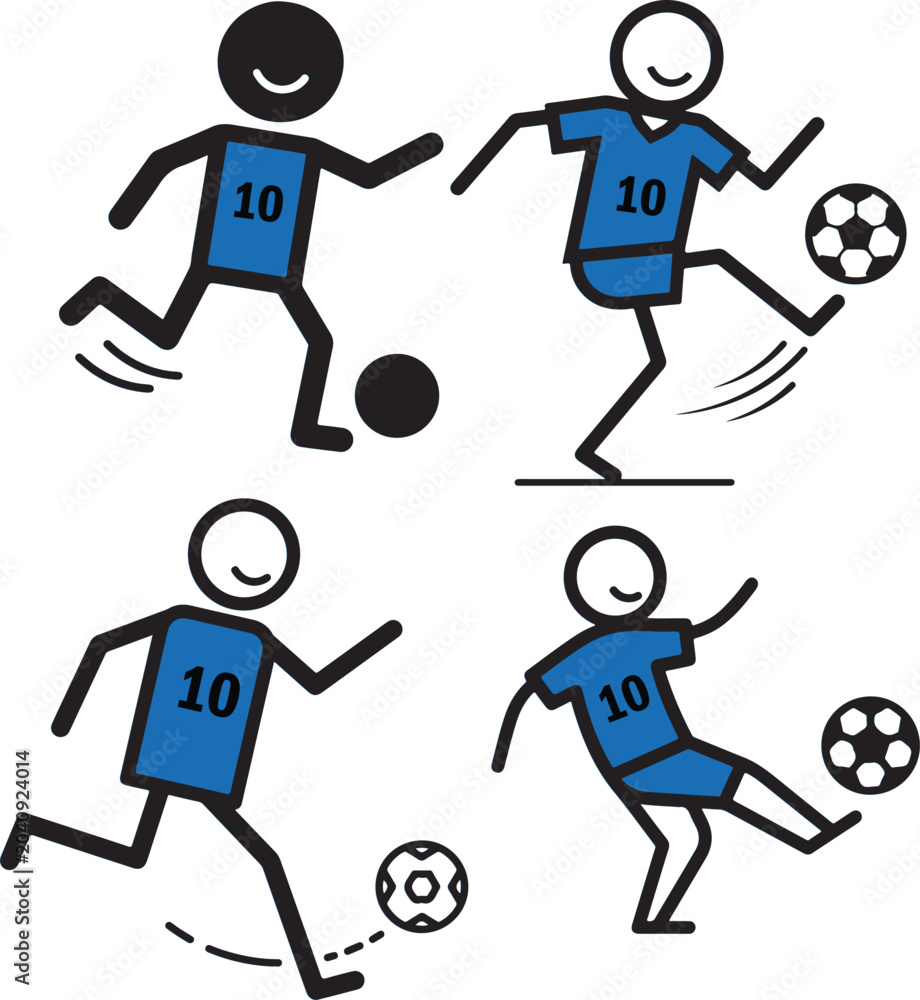 Fototapeta premium Stick figure soccer players, blue number 10 jersey, football action poses, and simple sports icons. Minimal vector set.