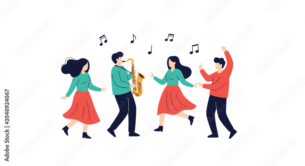 Fototapeta premium Group of friends having fun dancing and playing the saxophone together during a joyful social gathering with music notes in the air.
